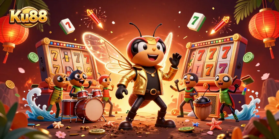 Play slots at Ku88 with a vibrant rock star scene featuring dynamic casino elements.