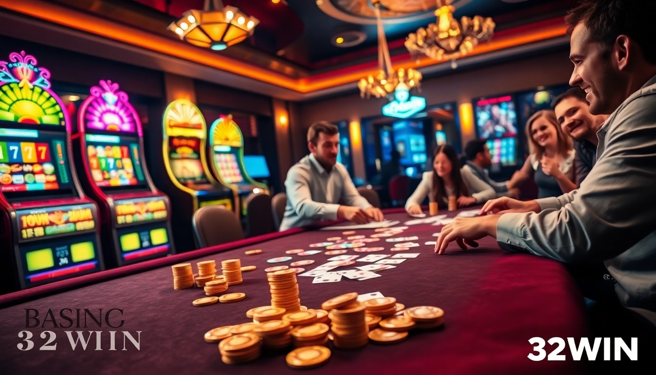Players competing at a luxurious poker table in a vibrant casino, highlighting the thrill of 32 WIN gambling.