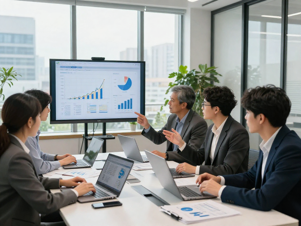 Professionals analyseren zakelijke leningen in moderne kantooromgeving met laptops en strategische documenten.