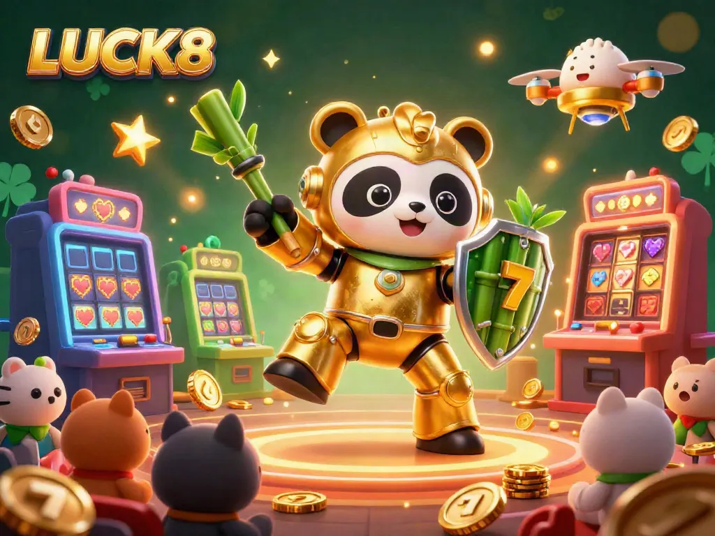 LUCK8 showcases an exciting casino experience with a mech-suit panda and gaming elements in 3D.