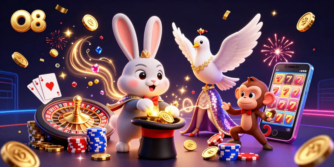 O8 casino illustration featuring a magician rabbit, a dove, and a monkey, celebrating wins.