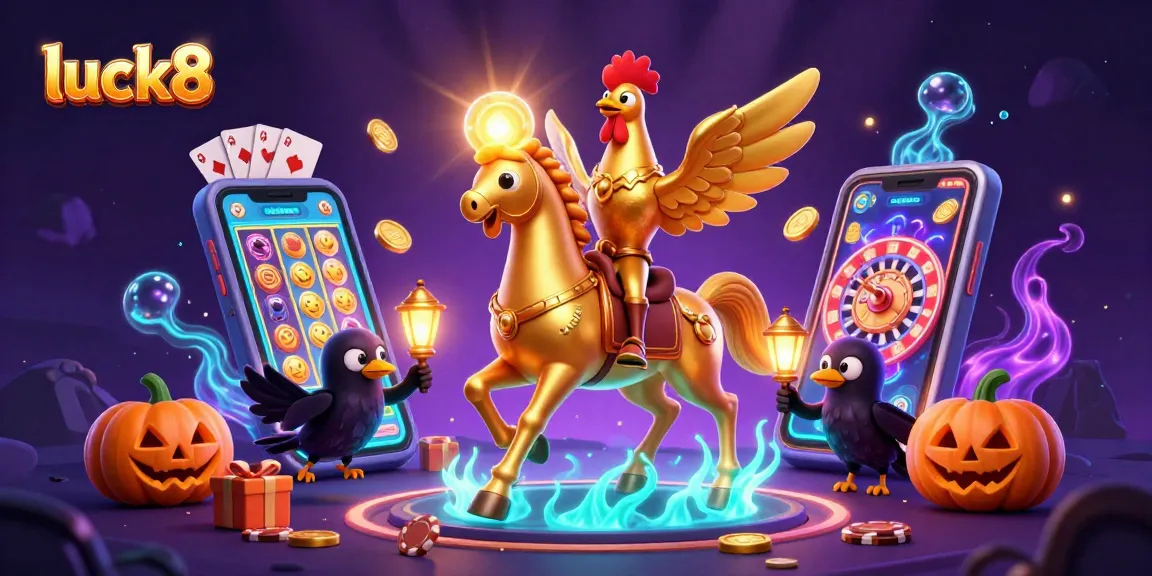 Experience luck8 with a vibrant, dynamic 3D scene showcasing casino gaming elements and a golden rooster hero.