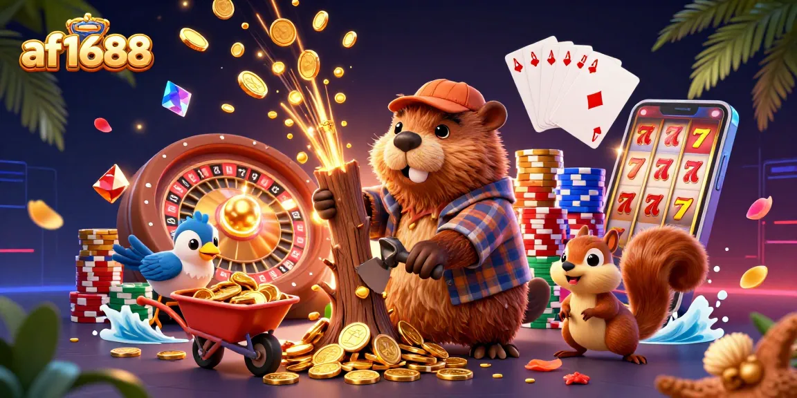 Engage with af1688's vibrant casino world featuring a whimsical beaver, coins, and gaming action.
