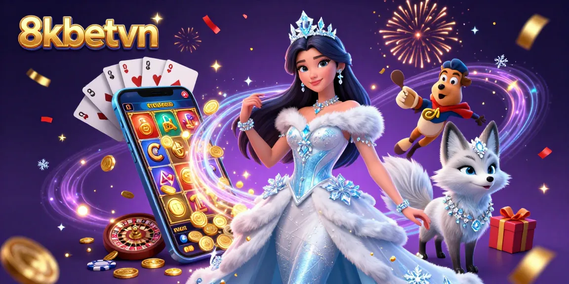 8kbetvn offers an engaging illustration of a casino scene with dynamic slot games and sparkling gameplay.