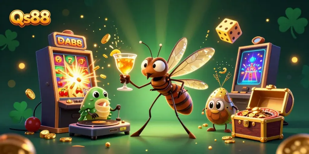 Experience the excitement of Qs88 casino with 3D characters, slot games, and dazzling elements.