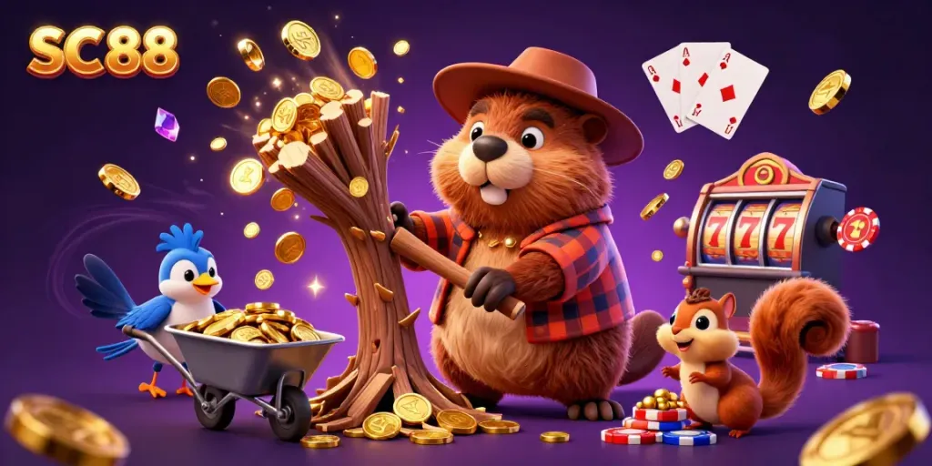 Experience SC 88 with a vibrant scene of a cartoon beaver, gold coins, and casino games.