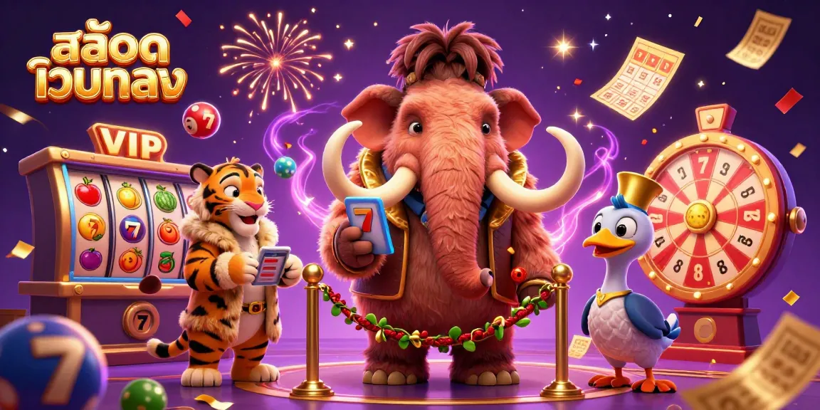 Engage with สล็อตเว็บตรง as a mammoth bouncer, saber-tooth VIP, and dodo doorman showcase a vibrant casino environment.