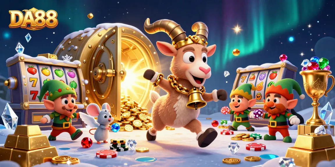 Engage with an exciting DA88 holiday-themed casino scene, featuring characters in a dynamic illustration.