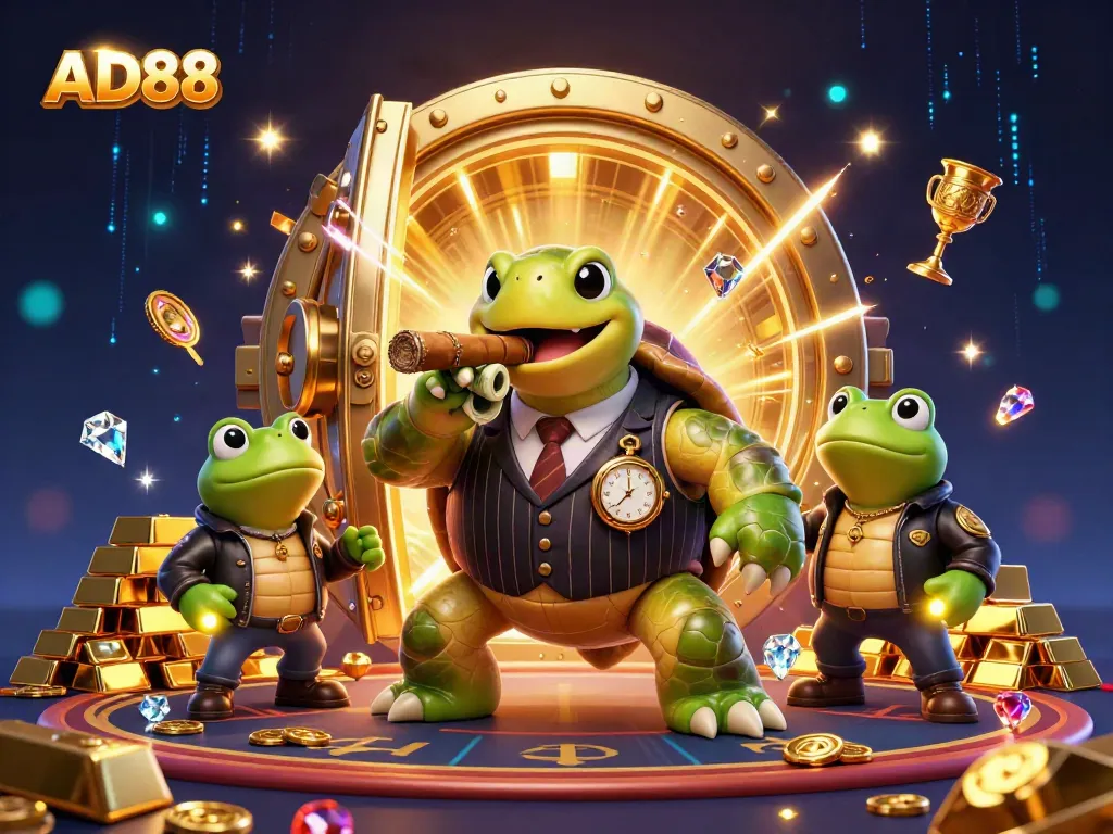 Engage with AD88's thrilling casino world featuring a snapping turtle in a stylish suit amidst jewels and gold.
