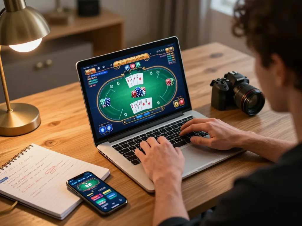 Engaging gameplay on https://casino555win.com/ with vibrant poker interface, strategic notes visible nearby.