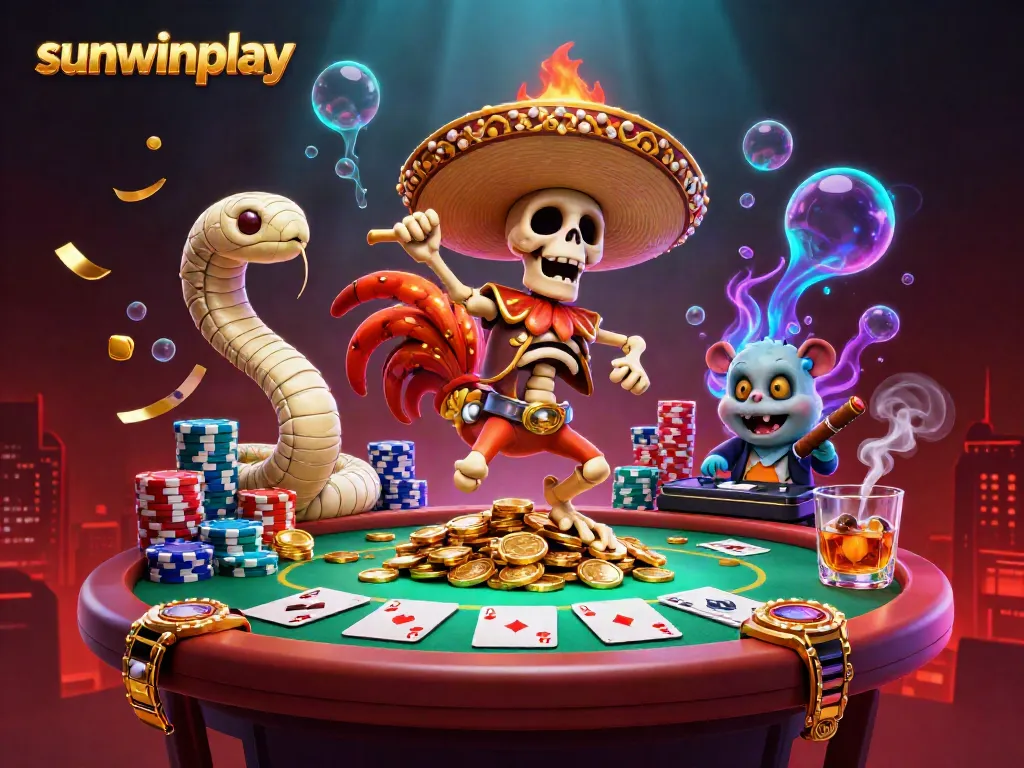 Experience thrilling gameplay with sunwinplay in this vibrant 3D casino illustration featuring lively characters and poker elements.