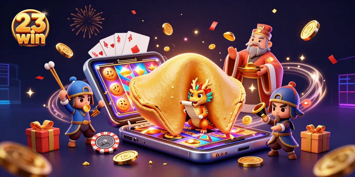 23 win players enjoying dynamic gaming action with vibrant slot games and festive gold elements.