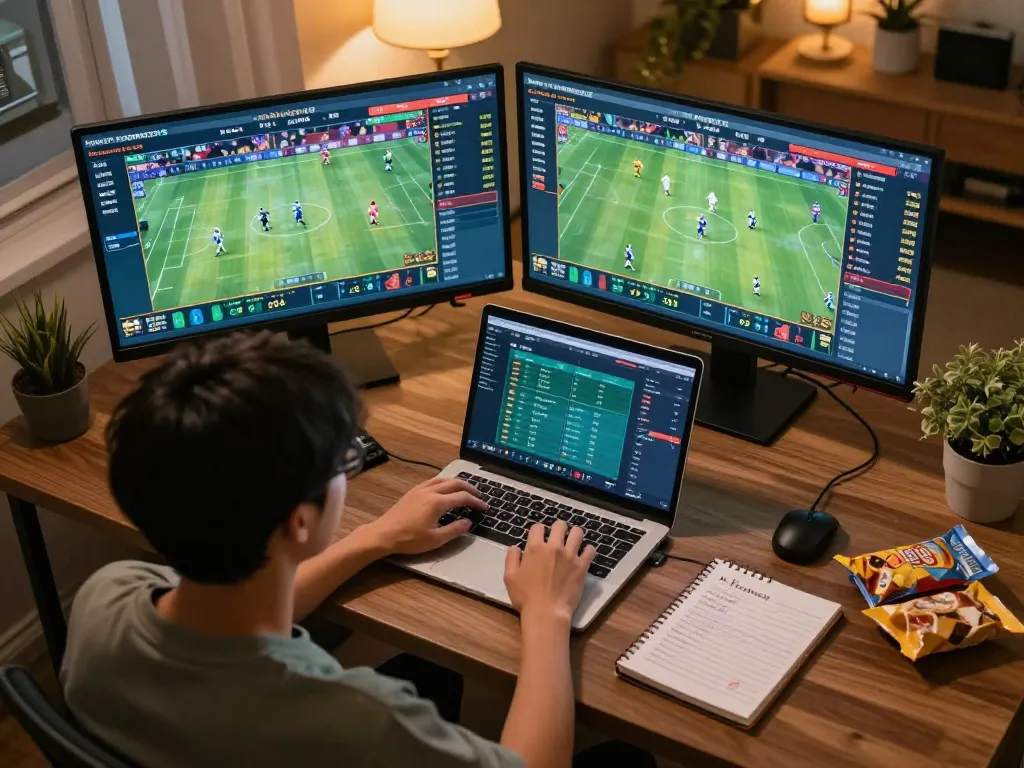 Engaged user analyzing betting odds on keonhacai5 platform in a cozy home office setting