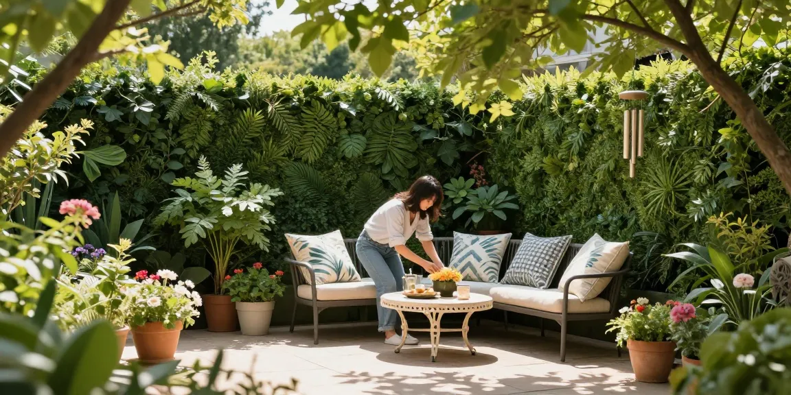 Kunsthaag voor buiten die een serene tuinpatio verbetert met levendige groenvoorzieningen en comfortabele zithoeken.