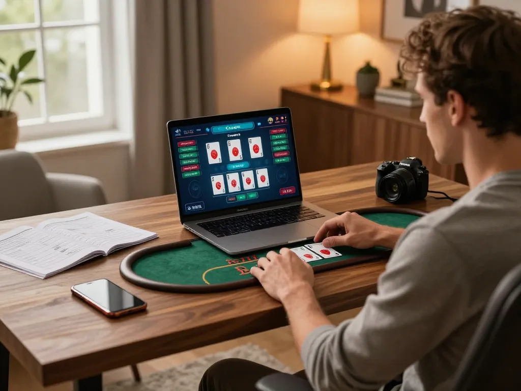 Play live blackjack online at Nhà cái SC88 with an elegant home gaming setup displaying strategy notes.