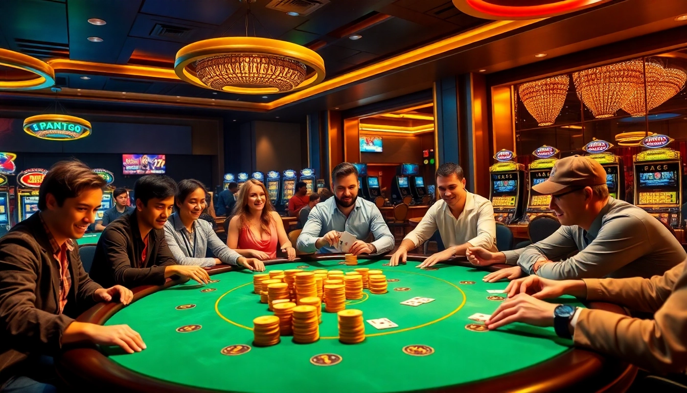 Excited players strategizing at a Jun88 poker table in a vibrant, luxurious casino.
