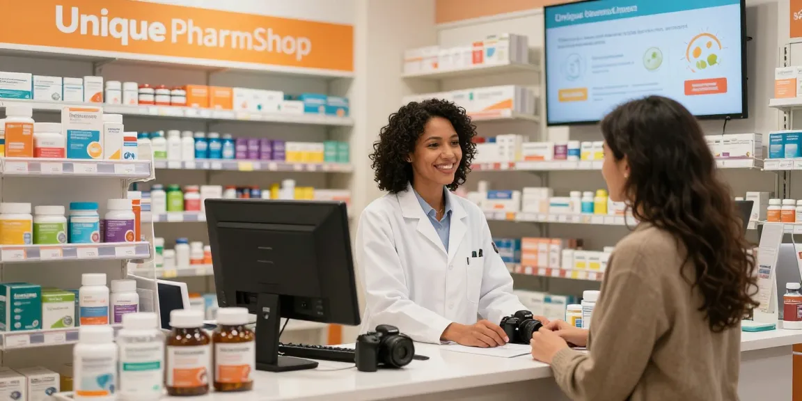 Een klant ontvangt deskundig advies bij Unique Pharma Shop over gezondheidsproducten.