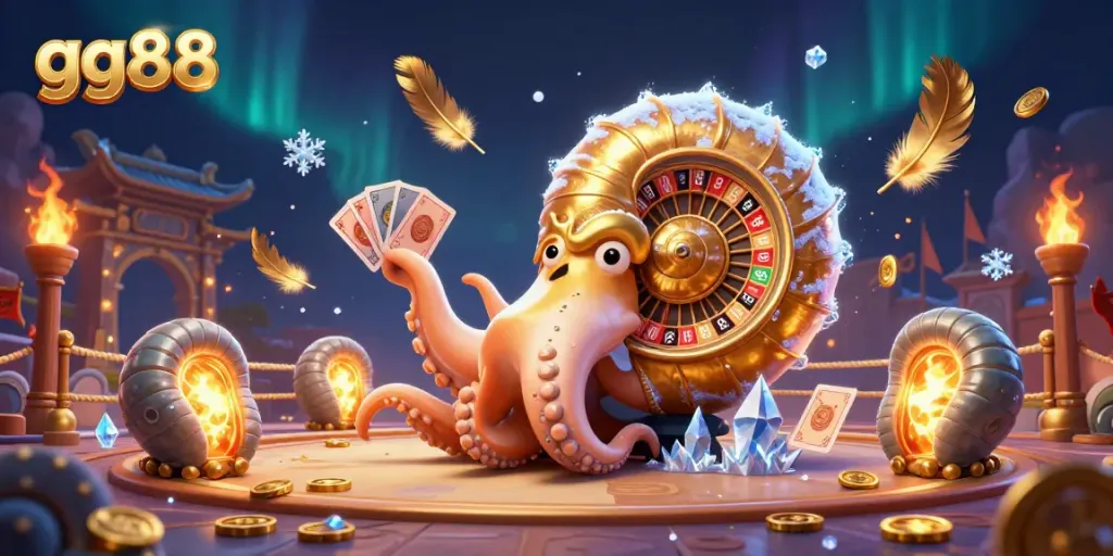 Experience thrilling gameplay with gg88's dynamic casino scene featuring a giant nautilus roulette wheel and glowing ammonite companions.