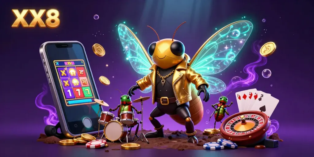 Experience the excitement of XX8 with a vibrant 3D illustration of a rock star cicada amid dynamic casino elements, showcasing thrilling gaming.