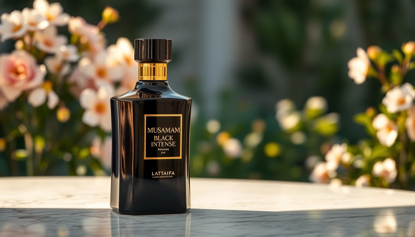 Ervaar de luxe van Musamam Black Intense by Lattafa met zijn elegante verpakking op een marmeren tafel.