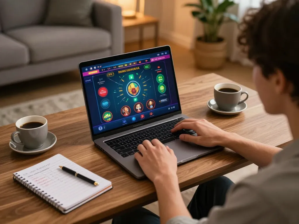Engaging in online gaming at https://mm88vin.com/ with a laptop displaying casino interface in a cozy home environment.