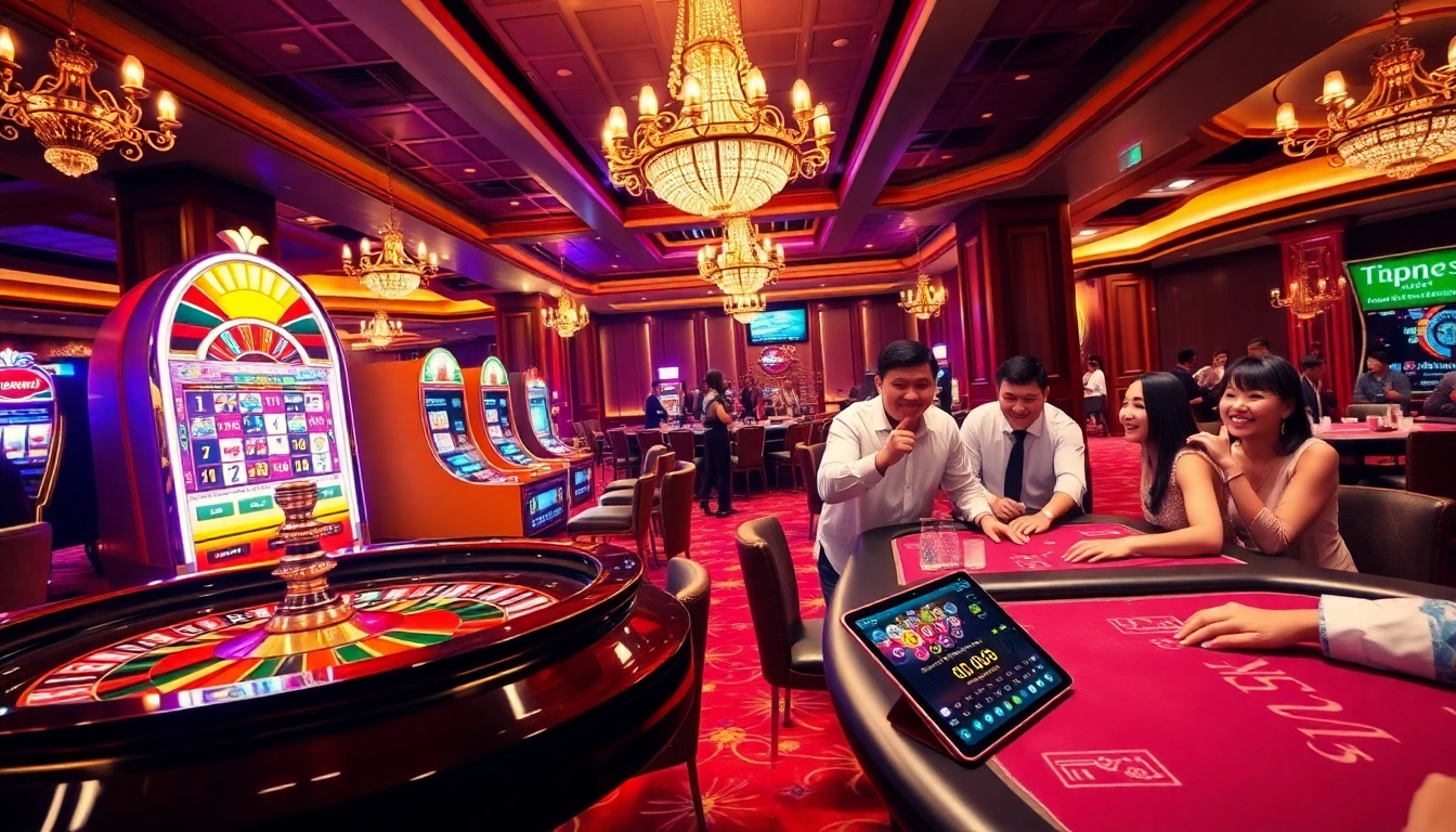 Experience the excitement of gaming at trang chủ j88 with a vibrant casino scene illustrated.
