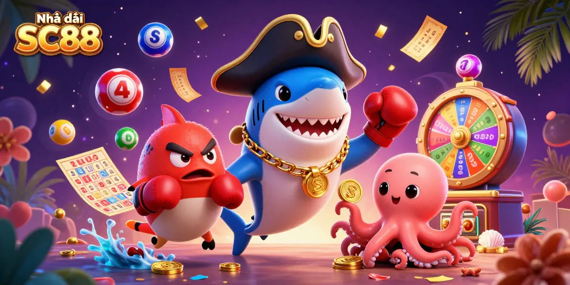 Engage with Nhà cái SC88's vibrant gaming world with dynamic lottery elements and cartoon sea characters.