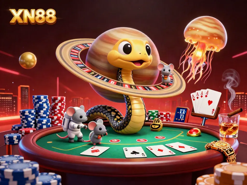Experience exhilarating gaming at XN88 with a fanciful scene capturing cosmic creatures playfully engaging in casino bets.