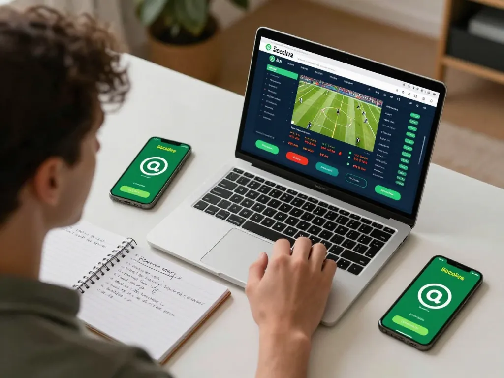 Socolive live football streaming on a laptop during an online sports betting session.