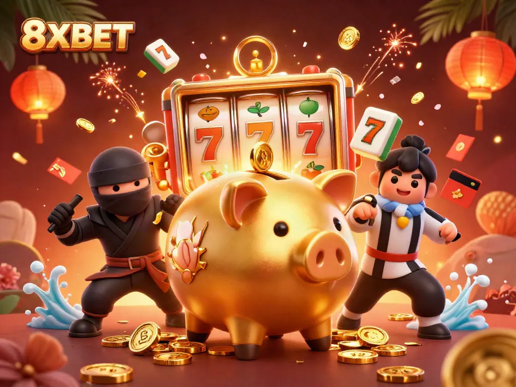 Experience thrilling action at 8XBET with a golden piggy bank wrestler amidst riches and festive elements.
