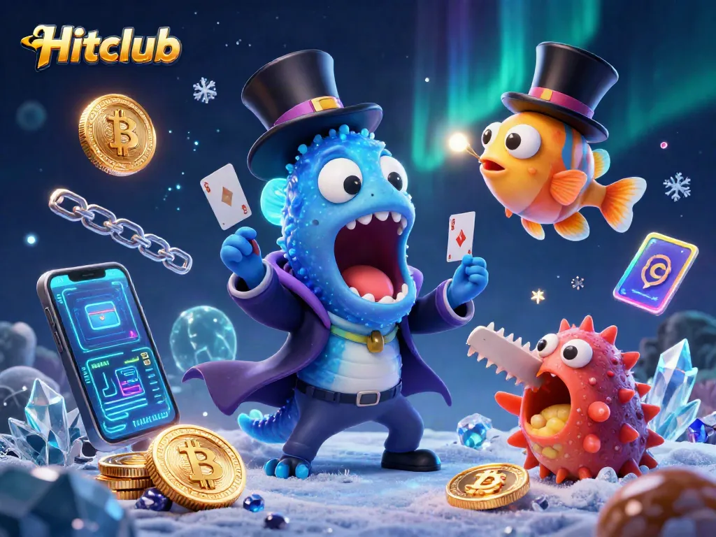 Hitclub presents a magical card trick scene with vibrant 3D characters and neon gaming elements.