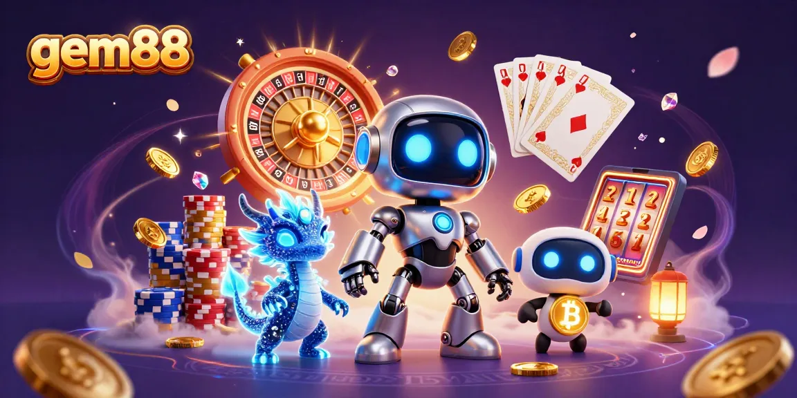 Experience thrilling wins at gem88 with vibrant casino elements, showcasing our dynamic AI mascot and treasures.