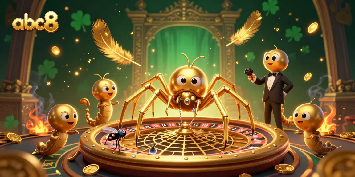 Engage in abc8's thrilling betting experience with a golden spider web roulette scene and vibrant casino elements.