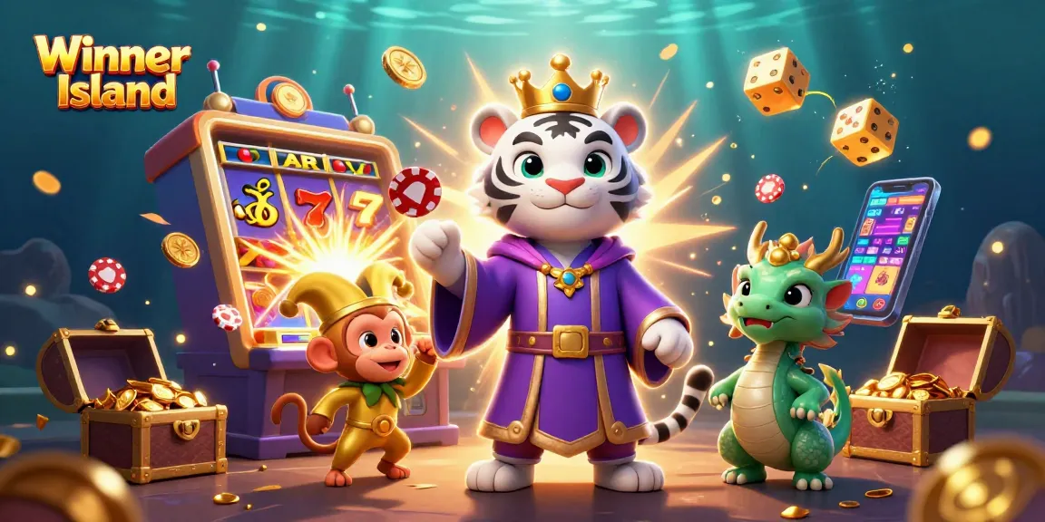 Experience the excitement of Winner Island with vibrant gaming characters and casino elements in action.
