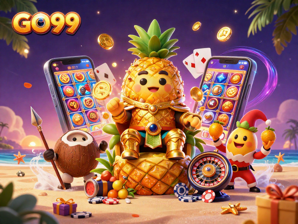 Experience thrilling plays with GO99 as the golden pineapple king reigns over a vibrant casino.