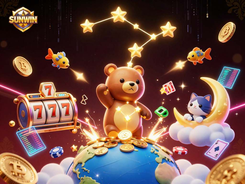 SUNWIN players enjoying thrilling jackpots while digital cosmic elements surround them