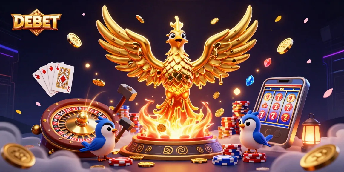 Engage in thrilling gaming action at DEBET with golden phoenix and casino elements.