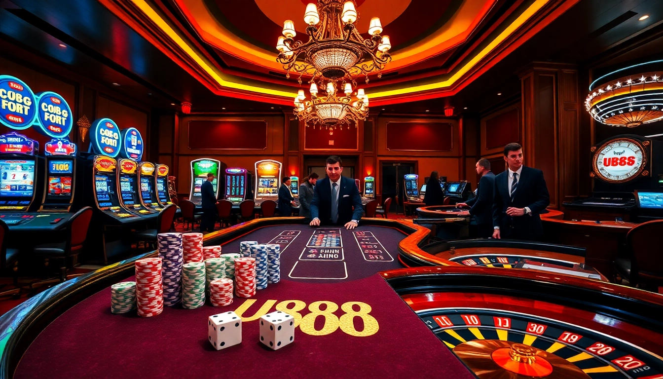 Playing poker at a U888 casino table amidst a vibrant gaming atmosphere.