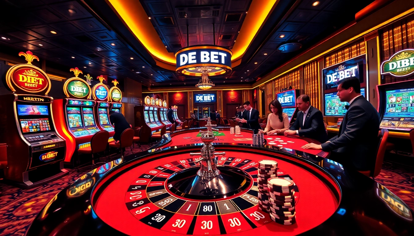 Experience the excitement of DE BET at a luxurious casino table filled with chips and games.