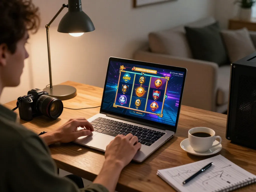 Player engaging in tg88 online slot game on a stylish laptop in a cozy home office setting