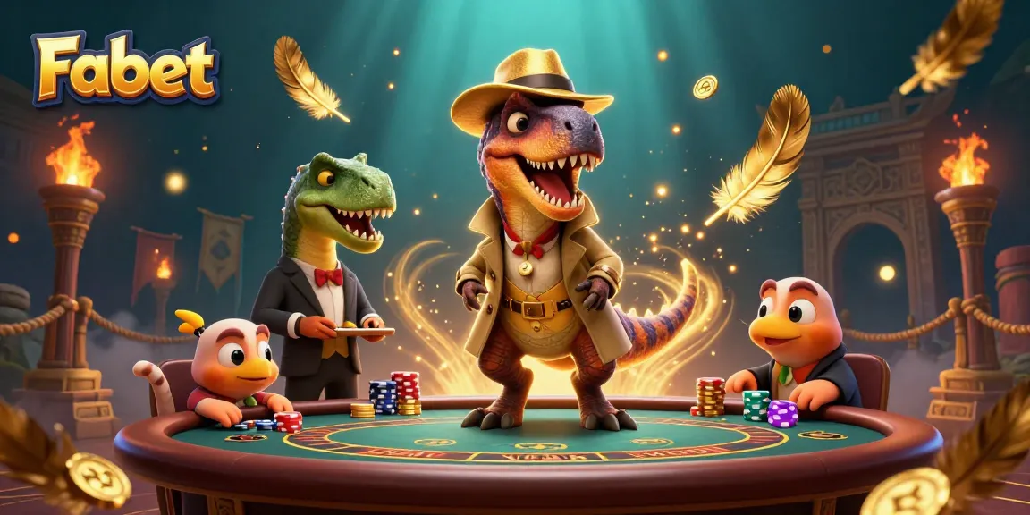 Fabet features a sneaky velociraptor card counter at a blackjack table, surrounded by gold coins and betting tokens.