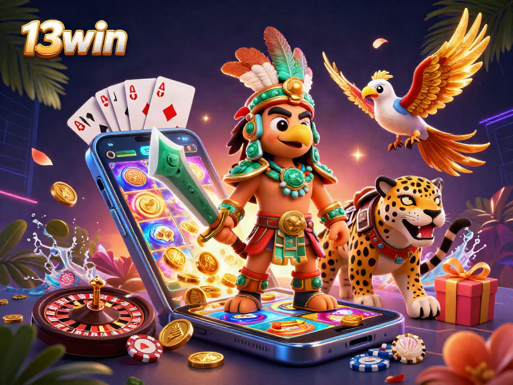 Experience winning moments with 13win's vibrant 3D casino illustration showcasing dynamic gaming action.