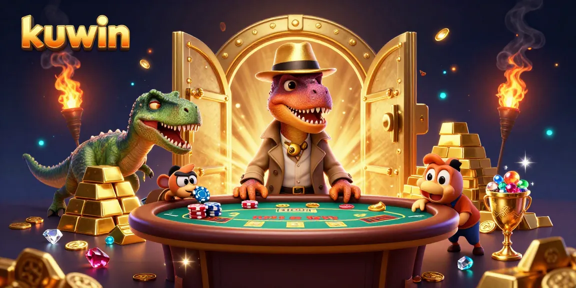 kuwin’s cartoon velociraptor card counter playing blackjack amid gold treasures and a suspicious pit boss