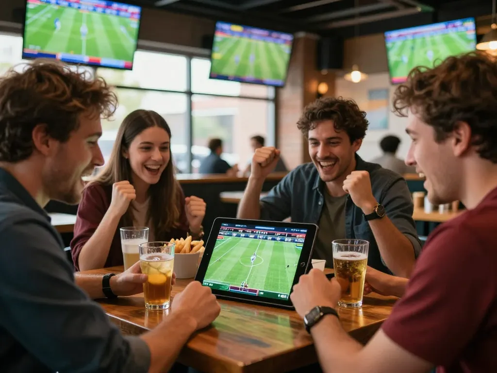 Engaging scene of sports betting enthusiasts checking football predictions in a lively atmosphere while enjoying the game together.