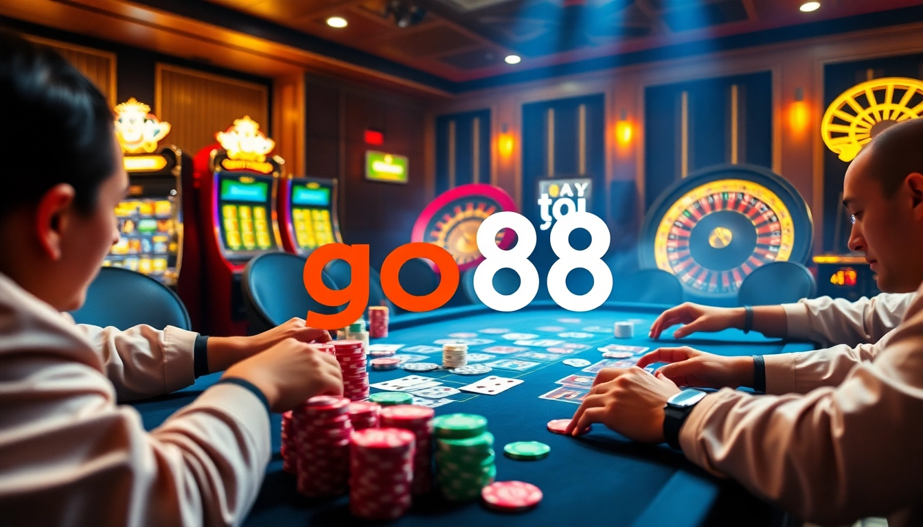 Engage in casino excitement with tải go88 at a luxurious table featuring vibrant poker chips and players in action.