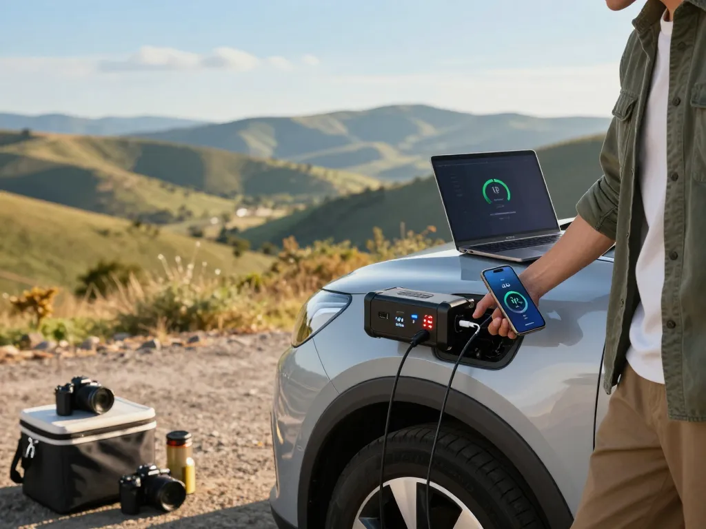 Draagbare omvormer die stroom levert voor laptop en smartphone tijdens een roadtrip, met de nadruk op autoconvenience.