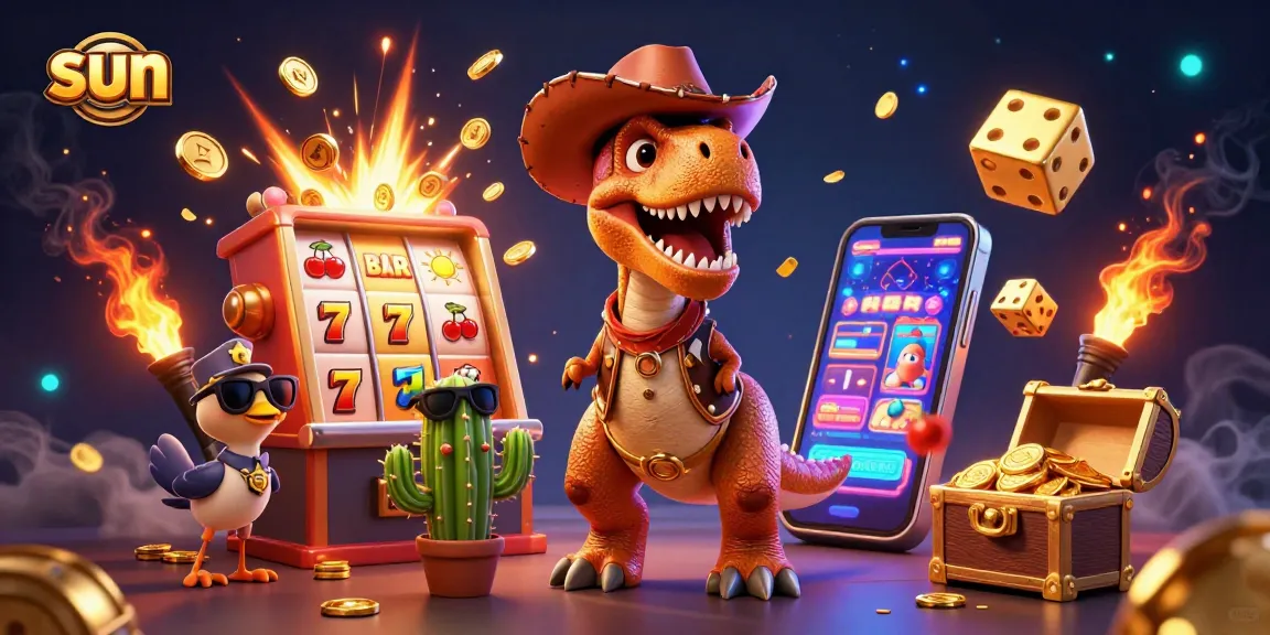 Engage with thrilling slots action at sun-themed casino with colorful characters and jackpot excitement.