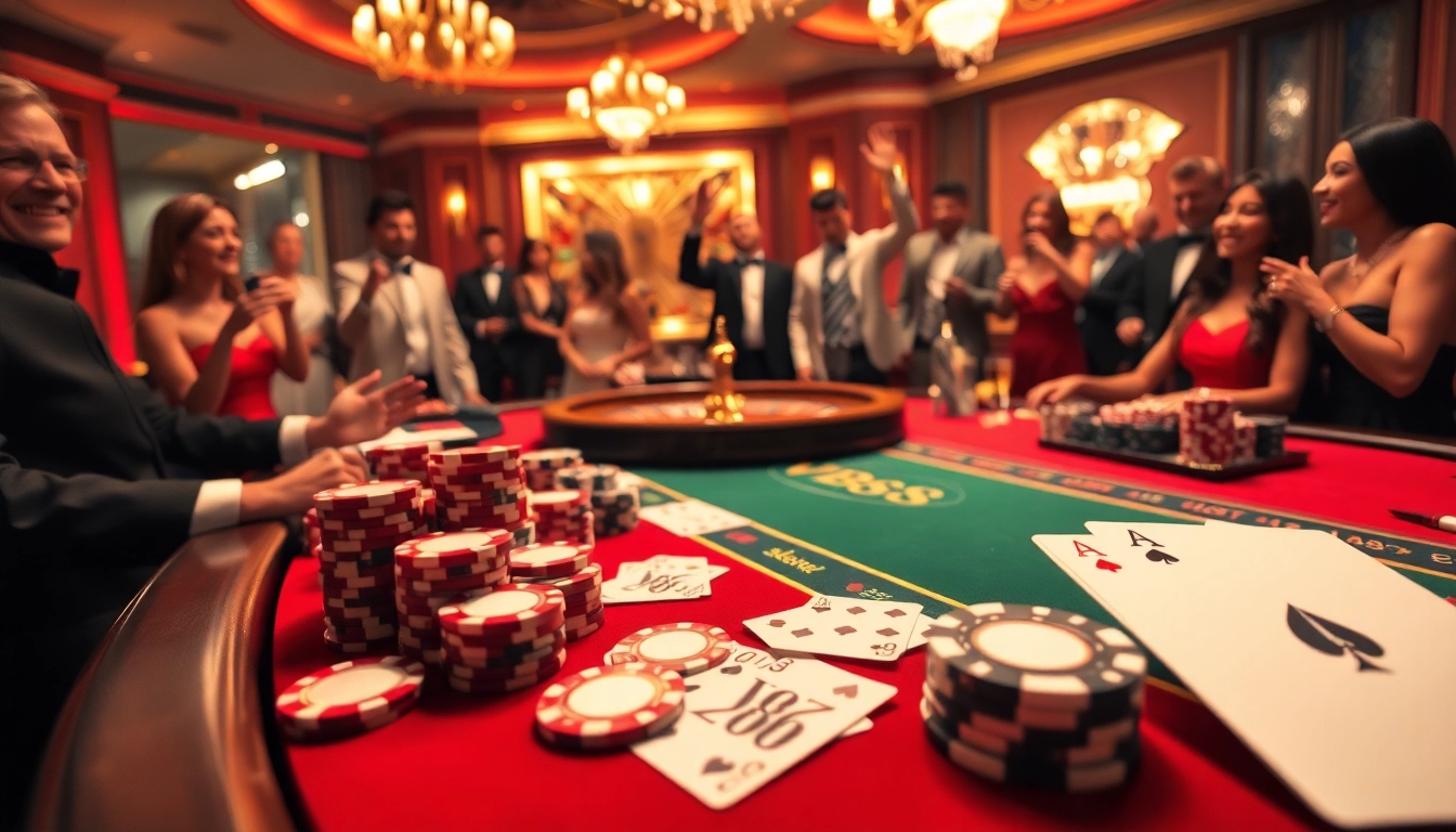 Experience the thrill of gambling at VB88 with vibrant poker tables and luxurious casino elements.