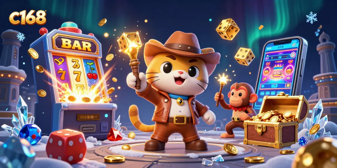 Experience winning excitement with c168 in this vivid casino adventure illustration.