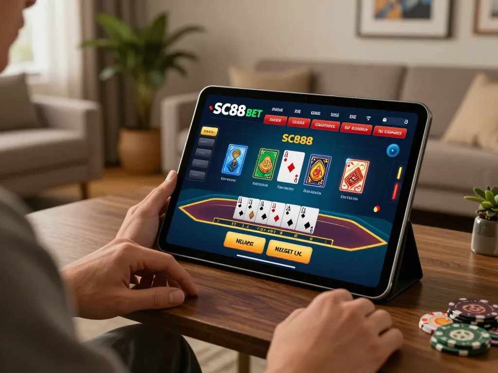 Engaging in a thrilling SC88 BET blackjack game on a tablet in a cozy home